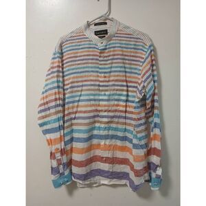 Paul Fredrick LARGE TALL finest pure 100% linen stripe shirt button casual